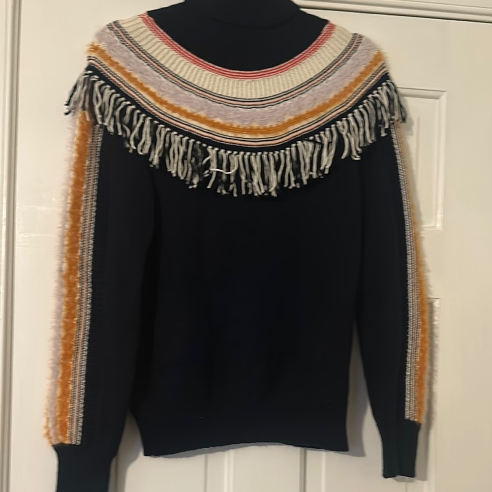 Anthropologie Navy Sweater with Fringe Yoke and Mustard Stripes